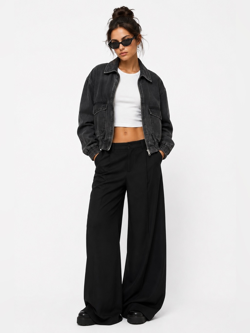 ZARA Oversized Washed Black Denim Bomber Jacket Large L Utility Y2K